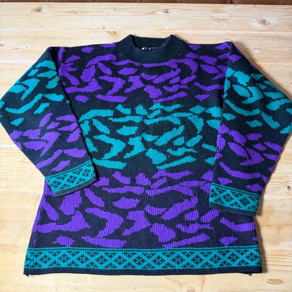 Vintage Katie Collins USA Knit Sweater‎ Purple Teal Black Abstract 90s